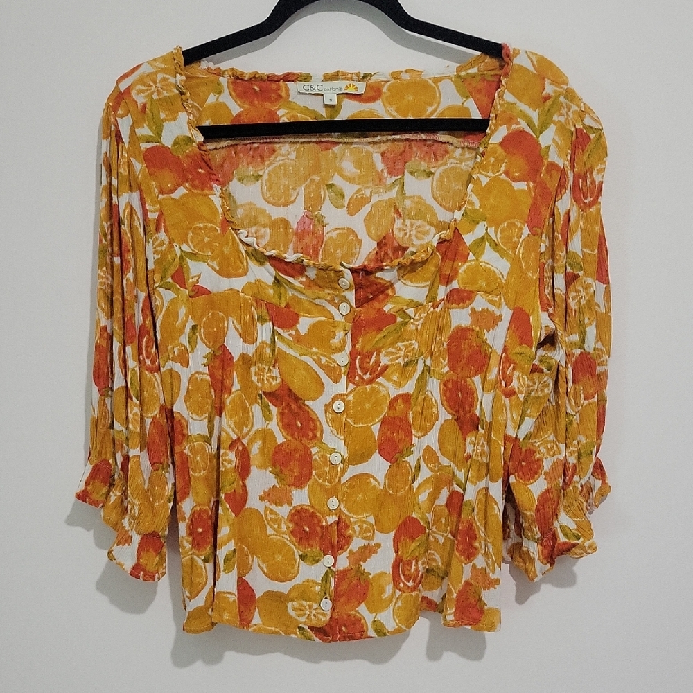 C & C CALIFORNIA WOMEN'S NOVELTY ORANGE MATERIAL LANTERN SLEEVE SQUARE NECKLINE